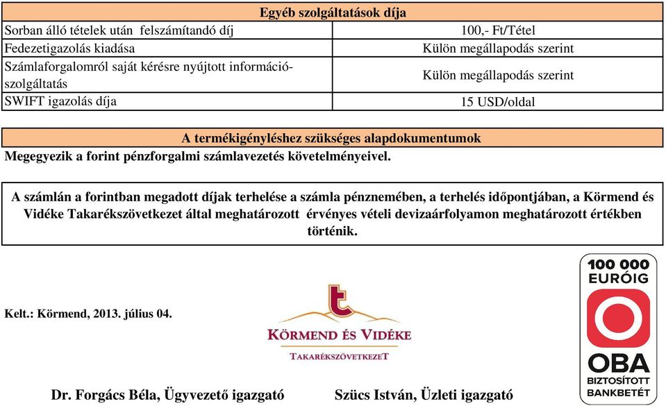 A számlán a forintban megadott díjak terhelése a számla pénznemében, a terhelés időpontjában, a Körmend és Vidéke Takarékszövetkezet által meghatározott