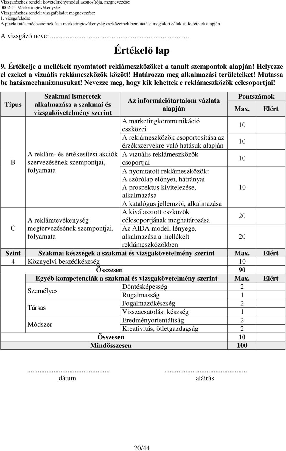 Típus Szakmai ismeretek alkalmazása a szakmai és vizsgakövetelmény szerint Az információtartalom vázlata Pontszámok Max.