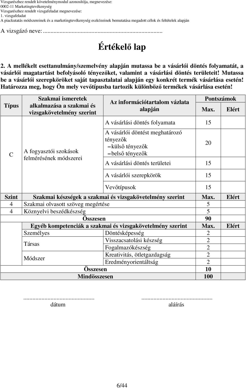 Típus C Szakmai ismeretek alkalmazása a szakmai és vizsgakövetelmény szerint A fogyasztói szokások felmérésének módszerei Az információtartalom vázlata Pontszámok Max.