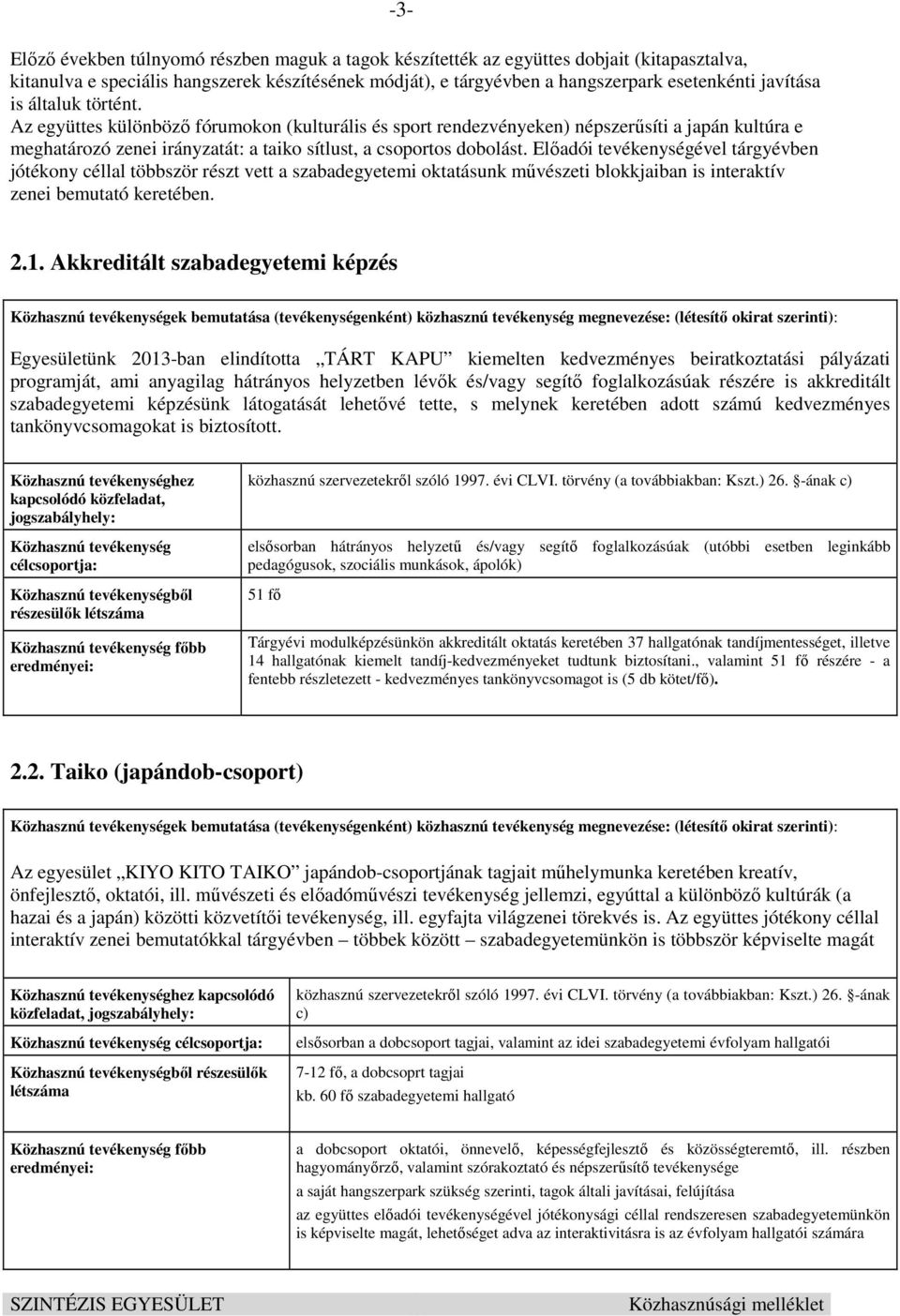 Előadói tevékenységével tárgyévben jótékony céllal többször részt vett a szabadegyetemi oktatásunk művészeti blokkjaiban is interaktív zenei bemutató keretében. 2.1.