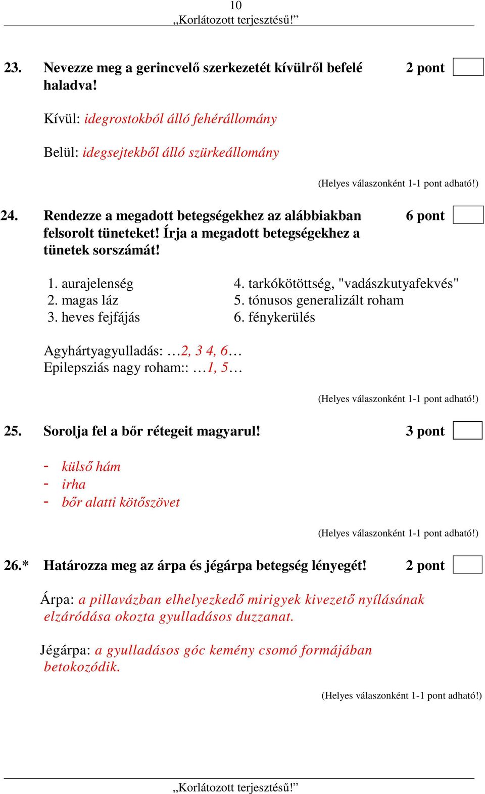 tónusos generalizált roham 3. heves fejfájás 6. fénykerülés Agyhártyagyulladás: 2, 3 4, 6 Epilepsziás nagy roham:: 1, 5 25. Sorolja fel a bőr rétegeit magyarul!