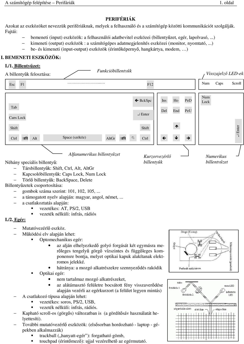 ..) be- és kimeneti (input-output) eszközök (érintőképernyő, hangkártya, modem, ) I. BEMENETI ESZKÖZÖK: I./1. Billentyűzet: A billentyűk felosztása: Esc F1.