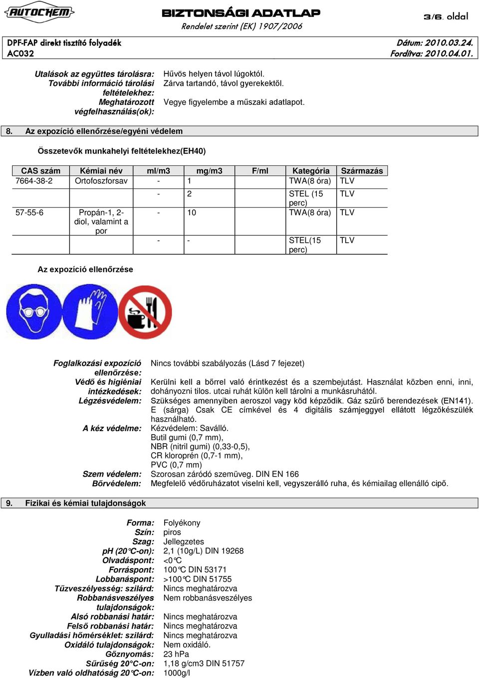 Az expozíció ellenőrzése/egyéni védelem Összetevők munkahelyi feltételekhez(eh40) CAS szám Kémiai név ml/m3 mg/m3 F/ml Kategória Származás 7664-38-2 Ortofoszforsav - 1 TWA(8 óra) TLV 57-55-6