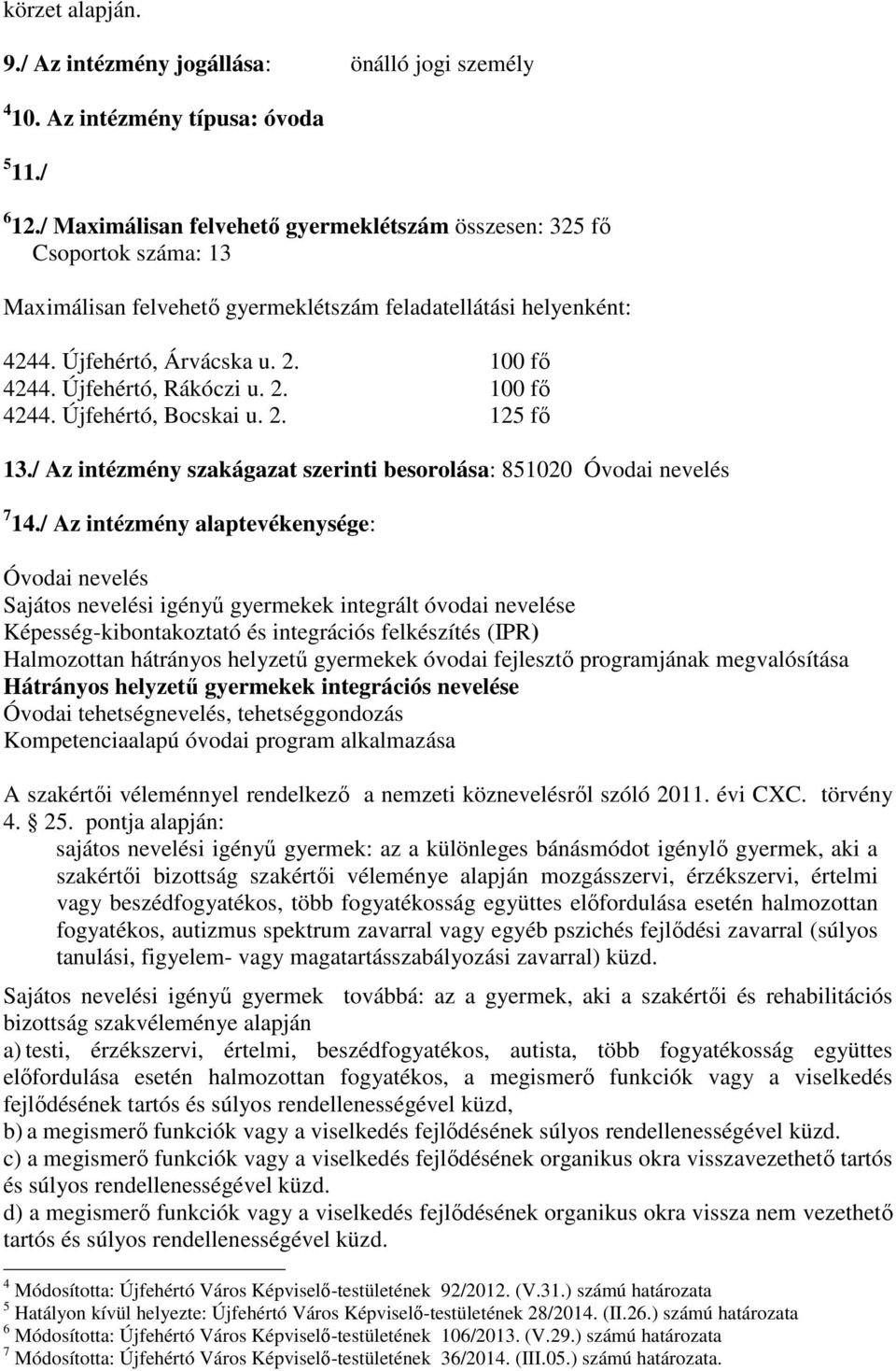 Újfehértó, Rákóczi u. 2. 100 fő 4244. Újfehértó, Bocskai u. 2. 125 fő 13./ Az intézmény szakágazat szerinti besorolása: 851020 Óvodai nevelés 7 14.