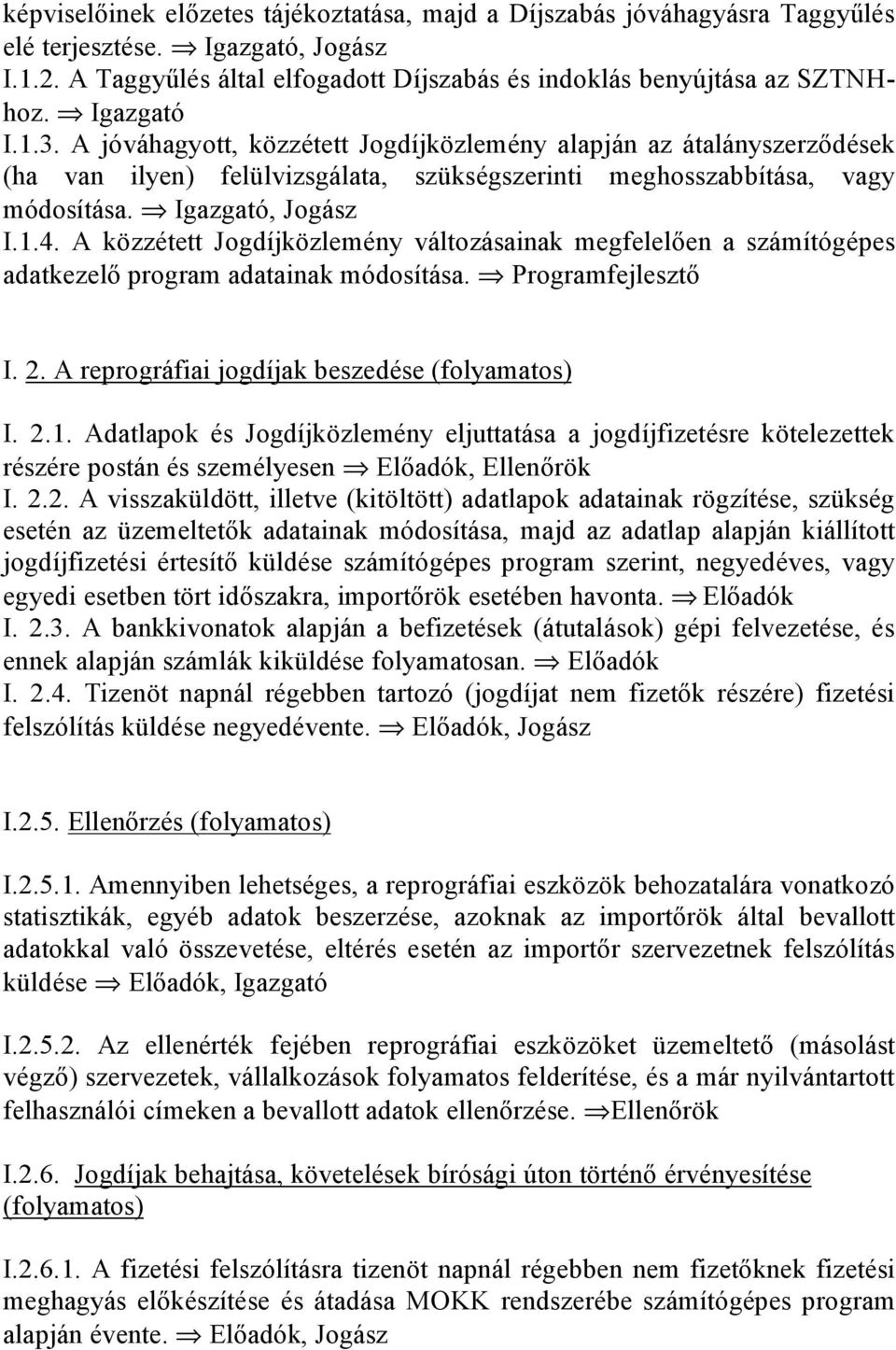 A közzétett Jogdíjközlemény változásainak megfelelően a számítógépes adatkezelő program adatainak módosítása. Programfejlesztő I. 2. A reprográfiai jogdíjak beszedése (folyamatos) I. 2.1.