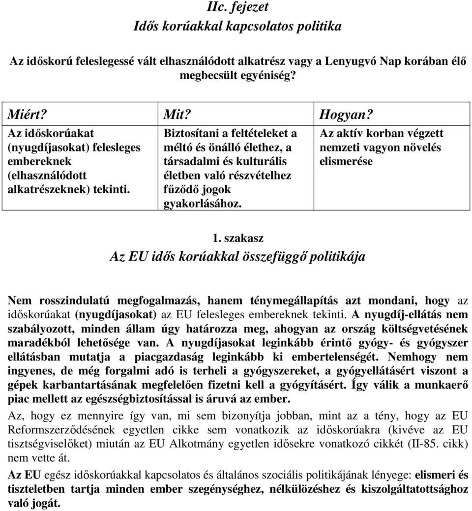 Biztosítani a feltételeket a méltó és önálló élethez, a társadalmi és kulturális életben való részvételhez fűződő jogok gyakorlásához. Az aktív korban végzett nemzeti vagyon növelés elismerése 1.