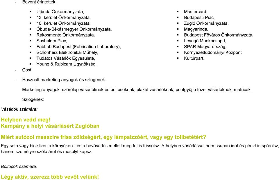 Young & Rubicam Ügynökség, - Cost: Mastercard, Budapesti Piac, Zugló Önkormányzata, Magyarinda, Budapest Főváros Önkormányzata, Levegő Munkacsoprt, SPAR Magyarország, Környezettudományi Központ