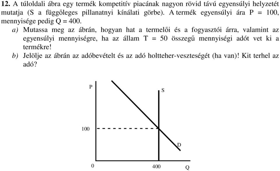 a) Mutassa meg az ábrán, hogyan hat a termelıi és a fogyasztói árra, valamint az egyensúlyi mennyiségre, ha az