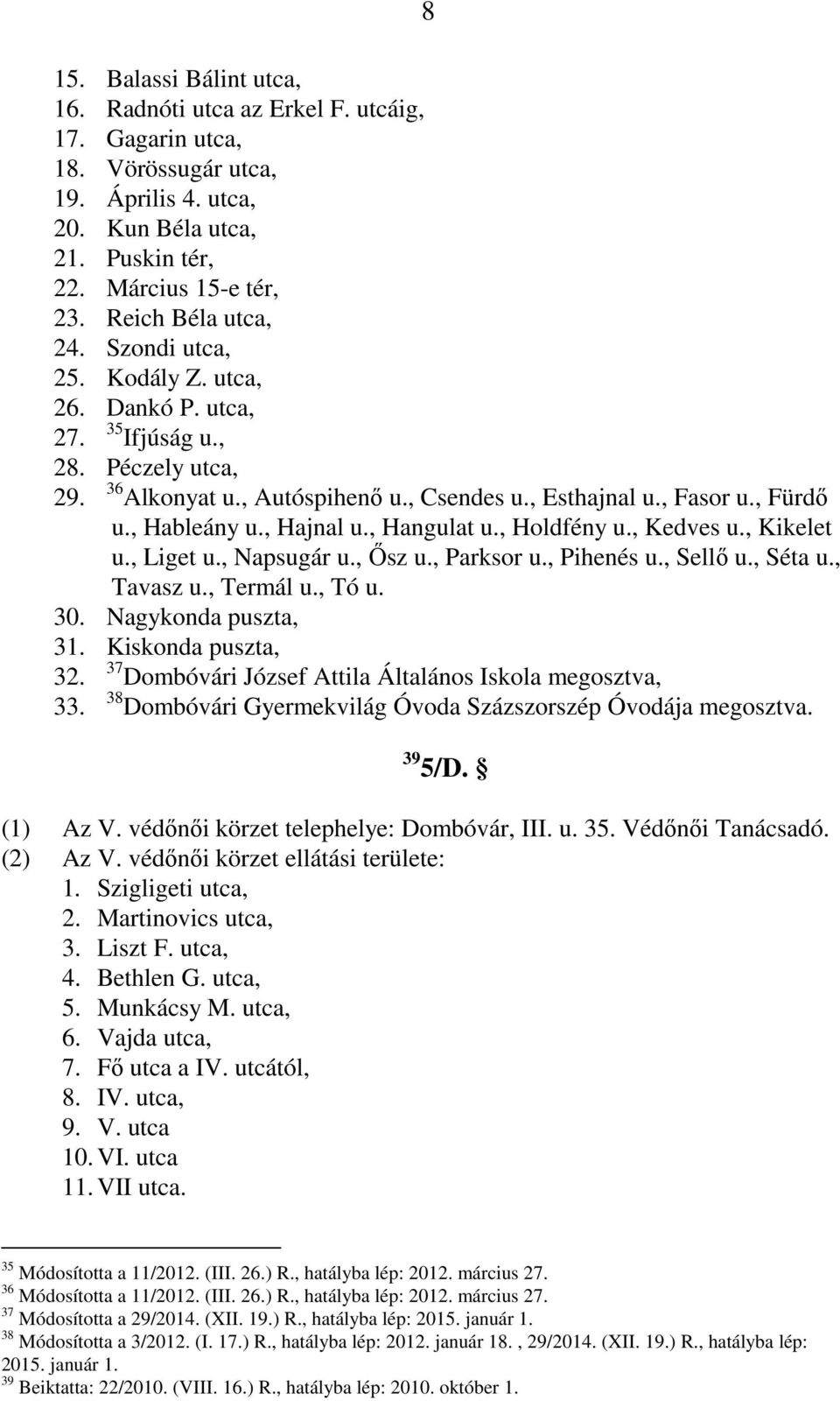 , Hableány u., Hajnal u., Hangulat u., Holdfény u., Kedves u., Kikelet u., Liget u., Napsugár u., Ősz u., Parksor u., Pihenés u., Sellő u., Séta u., Tavasz u., Termál u., Tó u. 30.