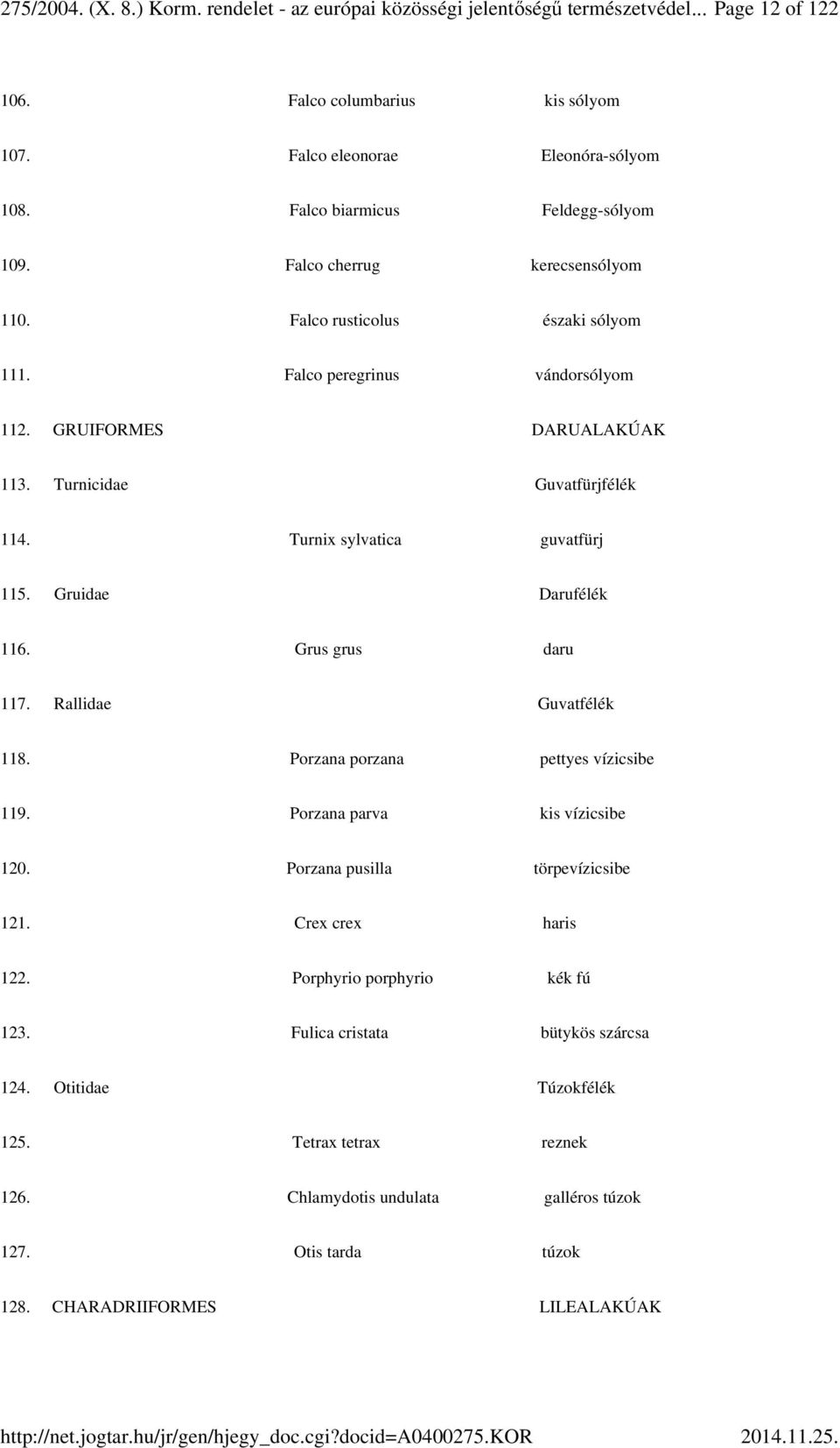 Turnix sylvatica guvatfürj 115. Gruidae Darufélék 116. Grus grus daru 117. Rallidae Guvatfélék 118. Porzana porzana pettyes vízicsibe 119. Porzana parva kis vízicsibe 120.