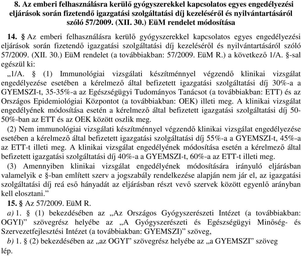 Az emberi felhasználásra kerülı gyógyszerekkel kapcsolatos egyes engedélyezési eljárások során fizetendı igazgatási szolgáltatási díj kezelésérıl és nyilvántartásáról szóló 57/2009. (XII. 30.