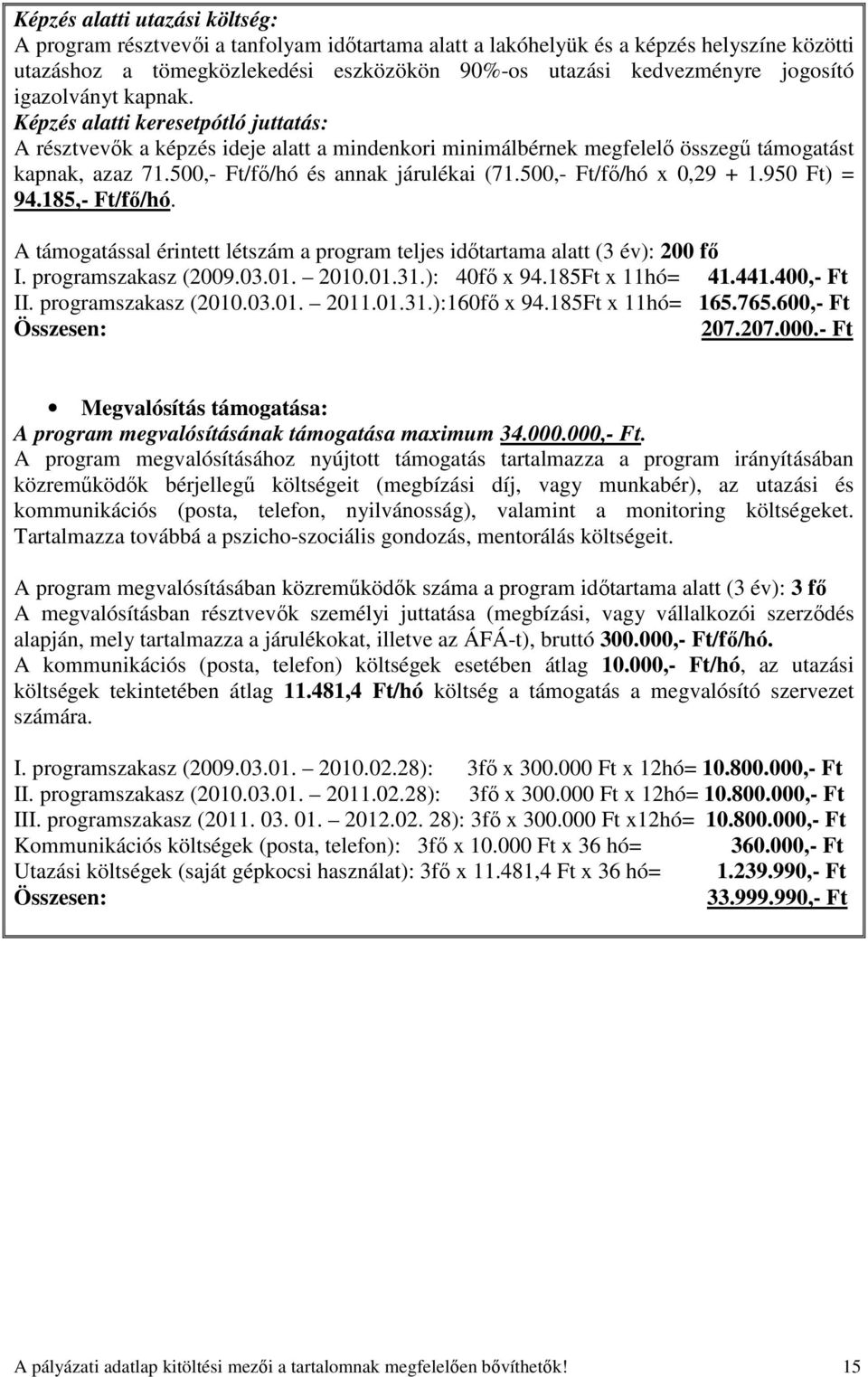 500,- Ft/fı/hó és annak járulékai (71.500,- Ft/fı/hó x 0,29 + 1.950 Ft) = 94.185,- Ft/fı/hó. A támogatással érintett létszám a program teljes idıtartama alatt (3 év): 200 fı I. programszakasz (2009.
