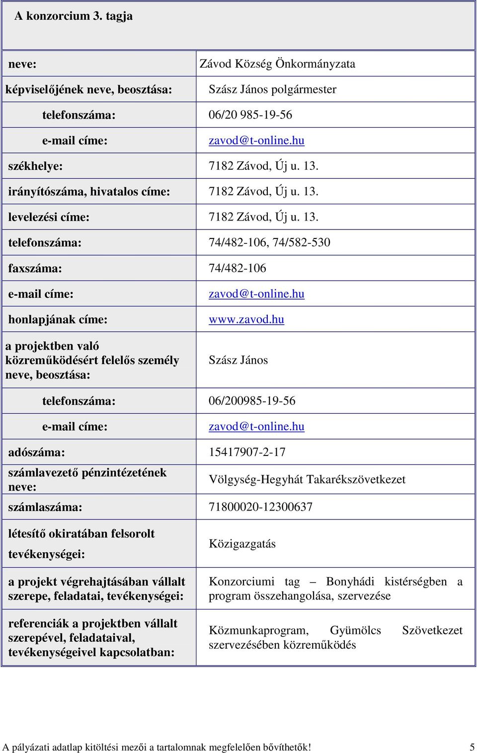 levelezési címe: 7182 Závod, Új u. 13. telefonszáma: 74/482-106, 74/582-530 faxszáma: 74/482-106 honlapjának címe: a projektben való közremőködésért felelıs személy neve, beosztása: zavod@t-online.