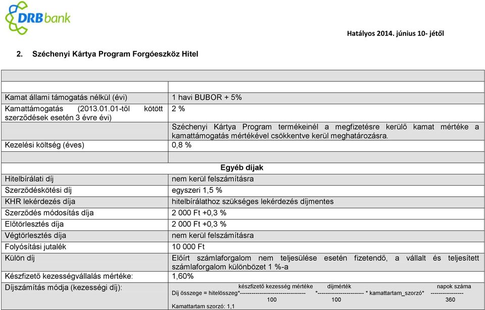 Kezelési költség (éves) 0,8 % Hitelbírálati díj Egyéb díjak nem kerül felszámításra Szerződéskötési díj egyszeri 1,5 % KHR lekérdezés díja Szerződés módosítás díja 2 000 Ft +0,3 % Előtörlesztés díja