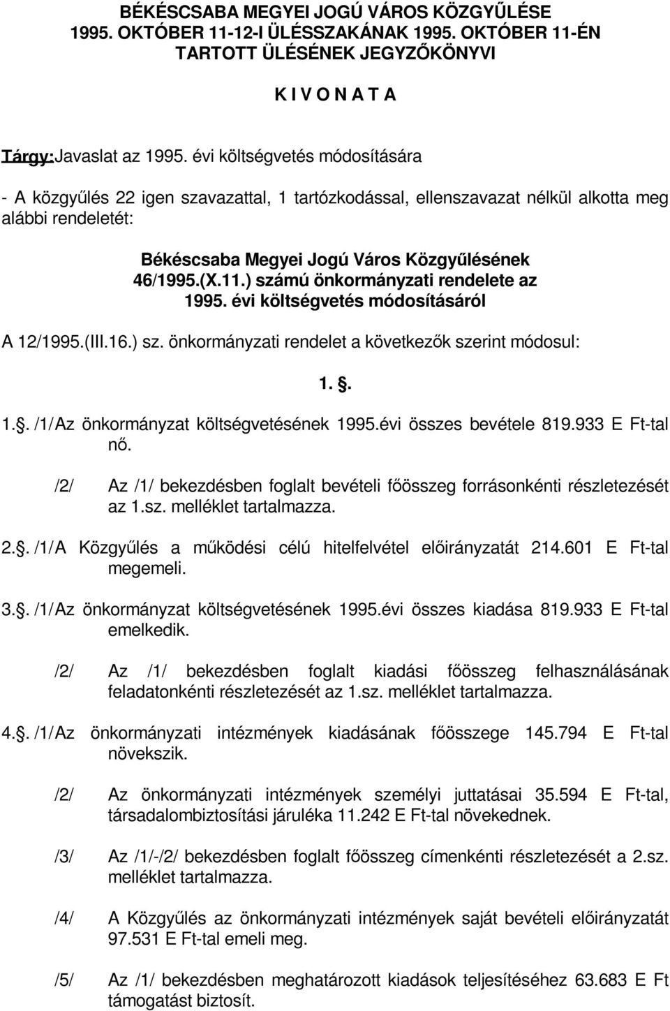 ) számú önkormányzati rendelete az 1995. évi költségvetés módosításáról A 12/1995.(III.16.) sz. önkormányzati rendelet a következők szerint módosul: 1.. 1.. /1/ Az önkormányzat költségvetésének 1995.