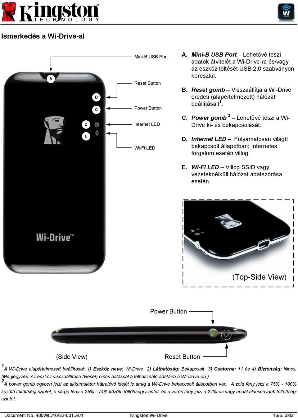 (Top-Side View) Power Button (Side View) Reset Button 1 A Wi-Drive alapértelmezett beállításai: 1) Eszköz neve: Wi-Drive 2) Láthatóság: Bekapcsolt 3) Csatorna: 11 és 4) Biztonság: Nincs.