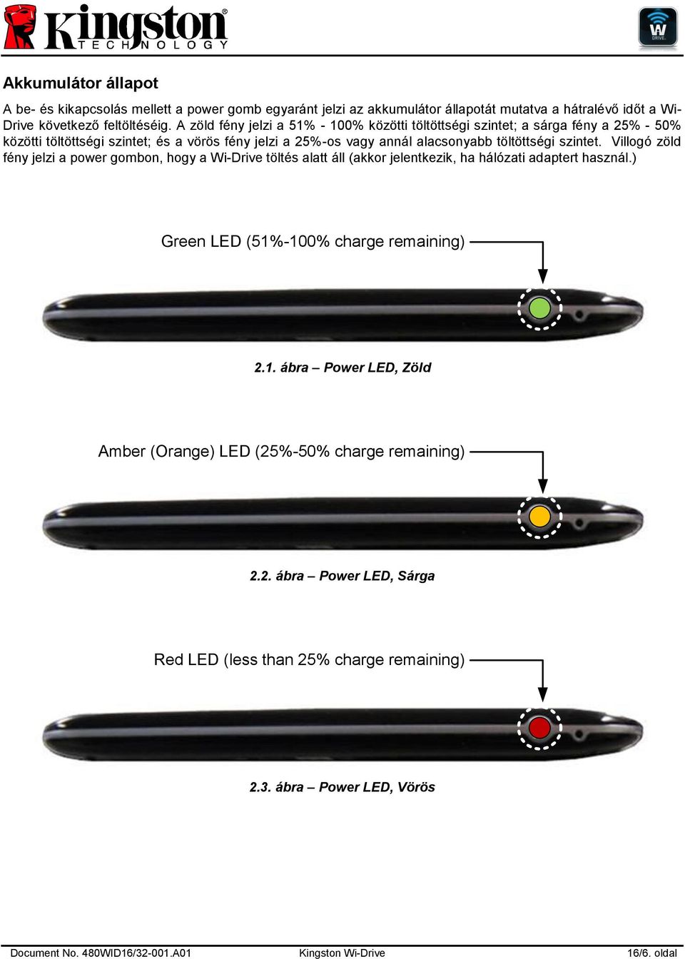 szintet. Villogó zöld fény jelzi a power gombon, hogy a Wi-Drive töltés alatt áll (akkor jelentkezik, ha hálózati adaptert használ.) Green LED (51%