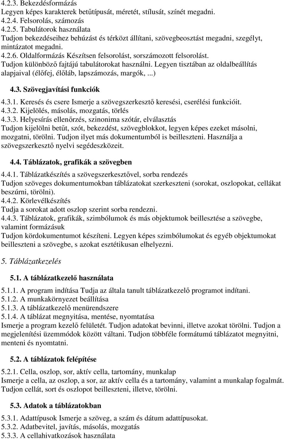 Tudjon különböző fajtájú tabulátorokat használni. Legyen tisztában az oldalbeállítás alapjaival (élőfej, élőláb, lapszámozás, margók,...) 4.3. Szövegjavítási funkciók 4.3.1.