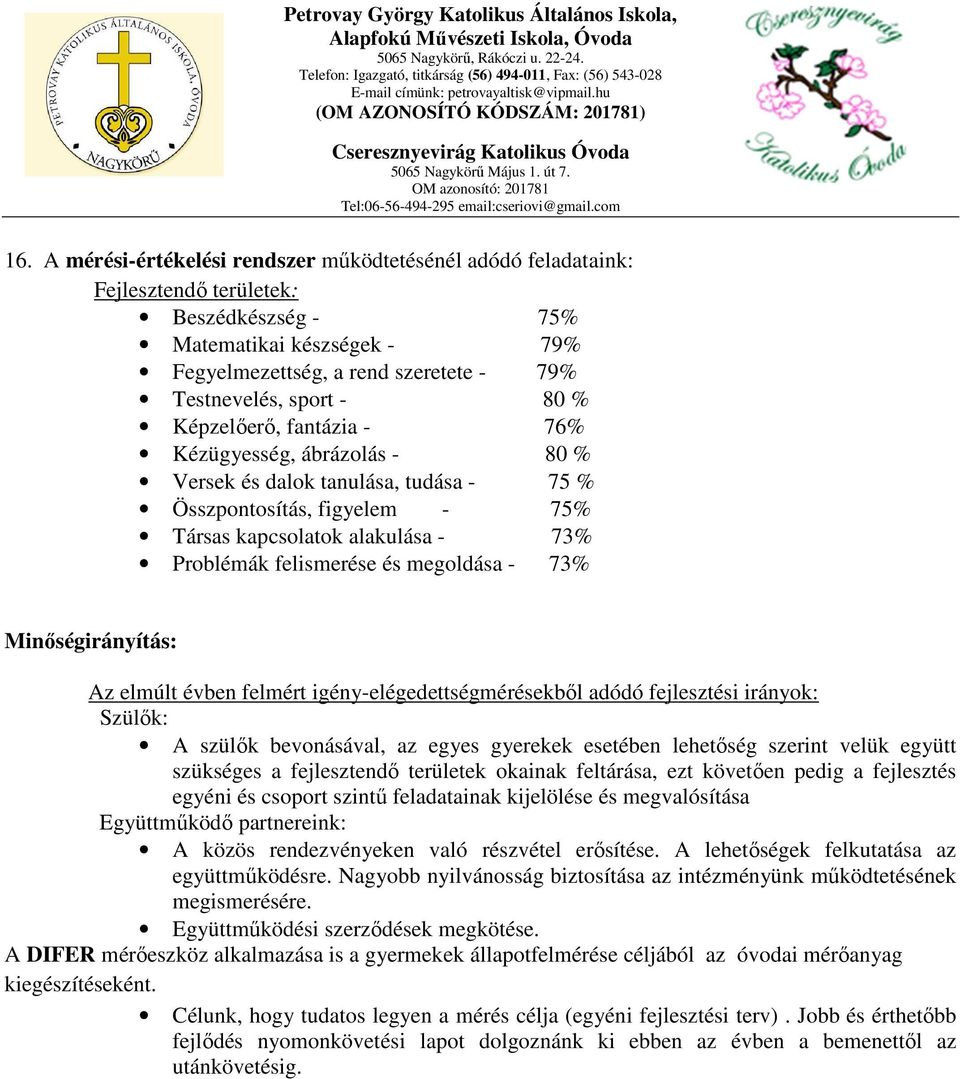 megoldása - 73% Minőségirányítás: Az elmúlt évben felmért igény-elégedettségmérésekből adódó fejlesztési irányok: Szülők: A szülők bevonásával, az egyes gyerekek esetében lehetőség szerint velük