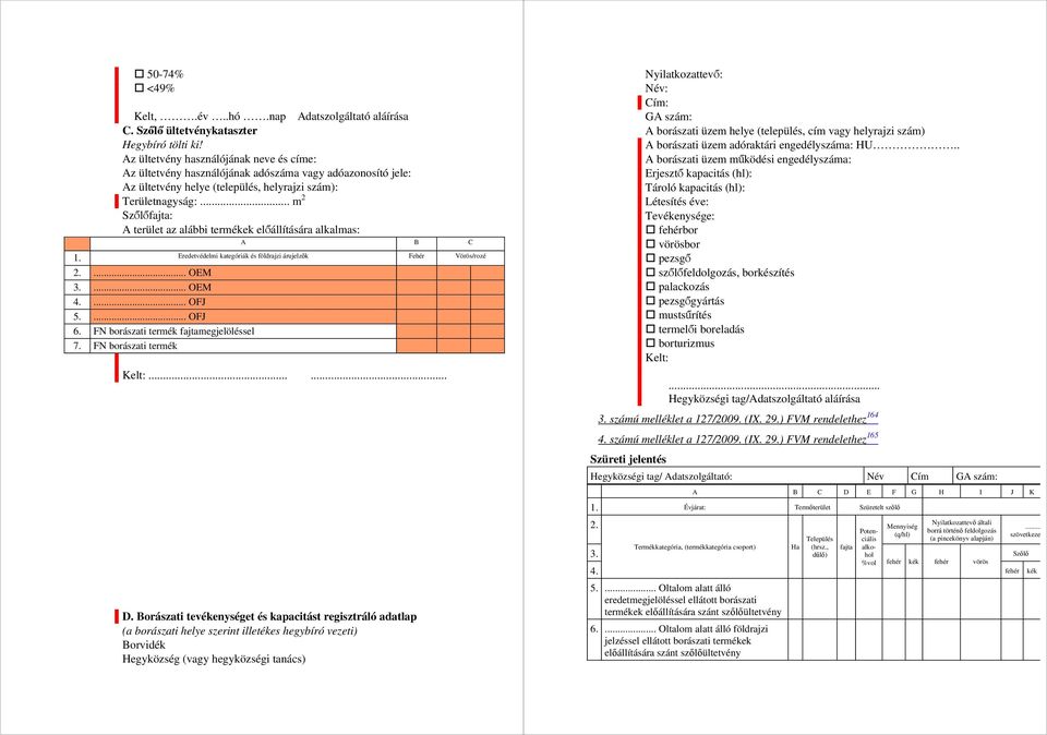 .. m 2 Szőlőfajta: A terület az alábbi termékek előállítására alkalmas: A B C 1. Eredetvédelmi kategóriák és földrajzi árujelzők Fehér Vörös/rozé 2.... OEM 3.... OEM 4.... OFJ 5.... OFJ 6.