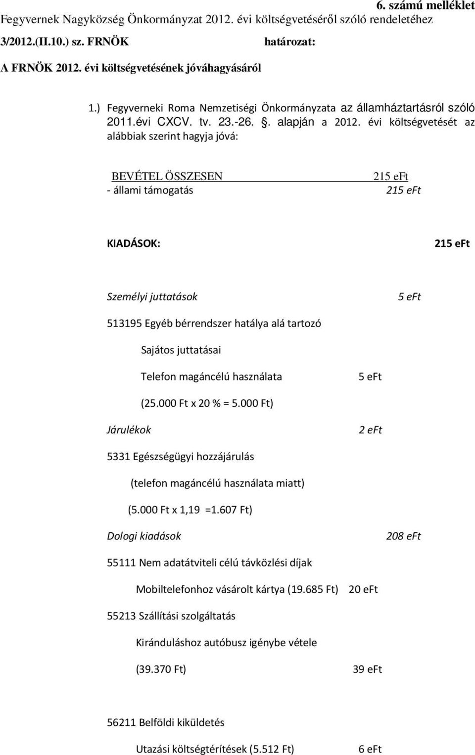 évi költségvetését az alábbiak szerint hagyja jóvá: BEVÉTEL ÖSSZESEN 215 eft - állami támogatás 215 eft KIADÁSOK: 215 eft Személyi juttatások 5 eft 513195 Egyéb bérrendszer hatálya alá tartozó