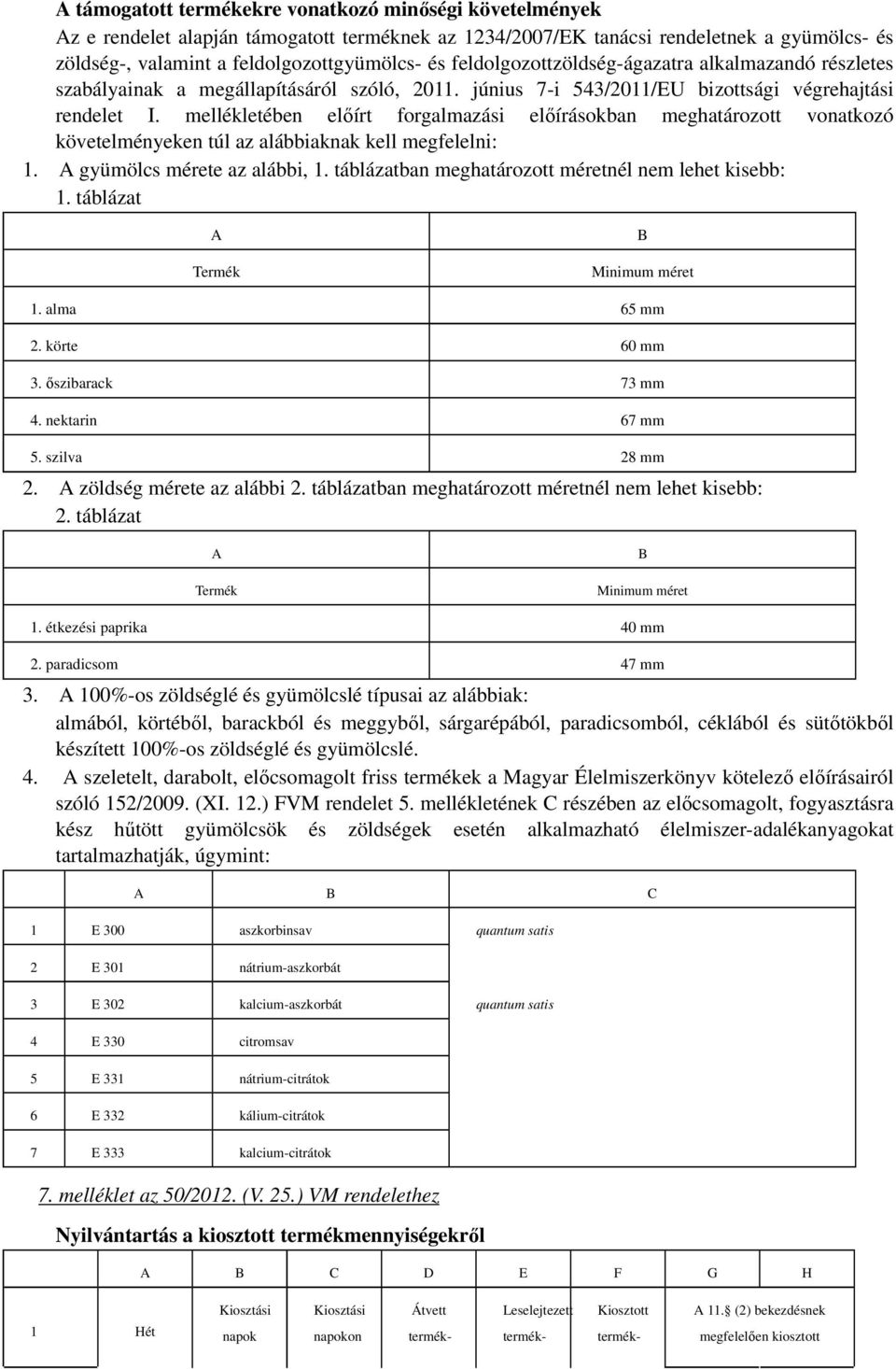 mellékletében előírt forgalmazási előírásokban meghatározott vonatkozó követelményeken túl az alábbiaknak kell megfelelni: 1. A gyümölcs mérete az alábbi, 1.