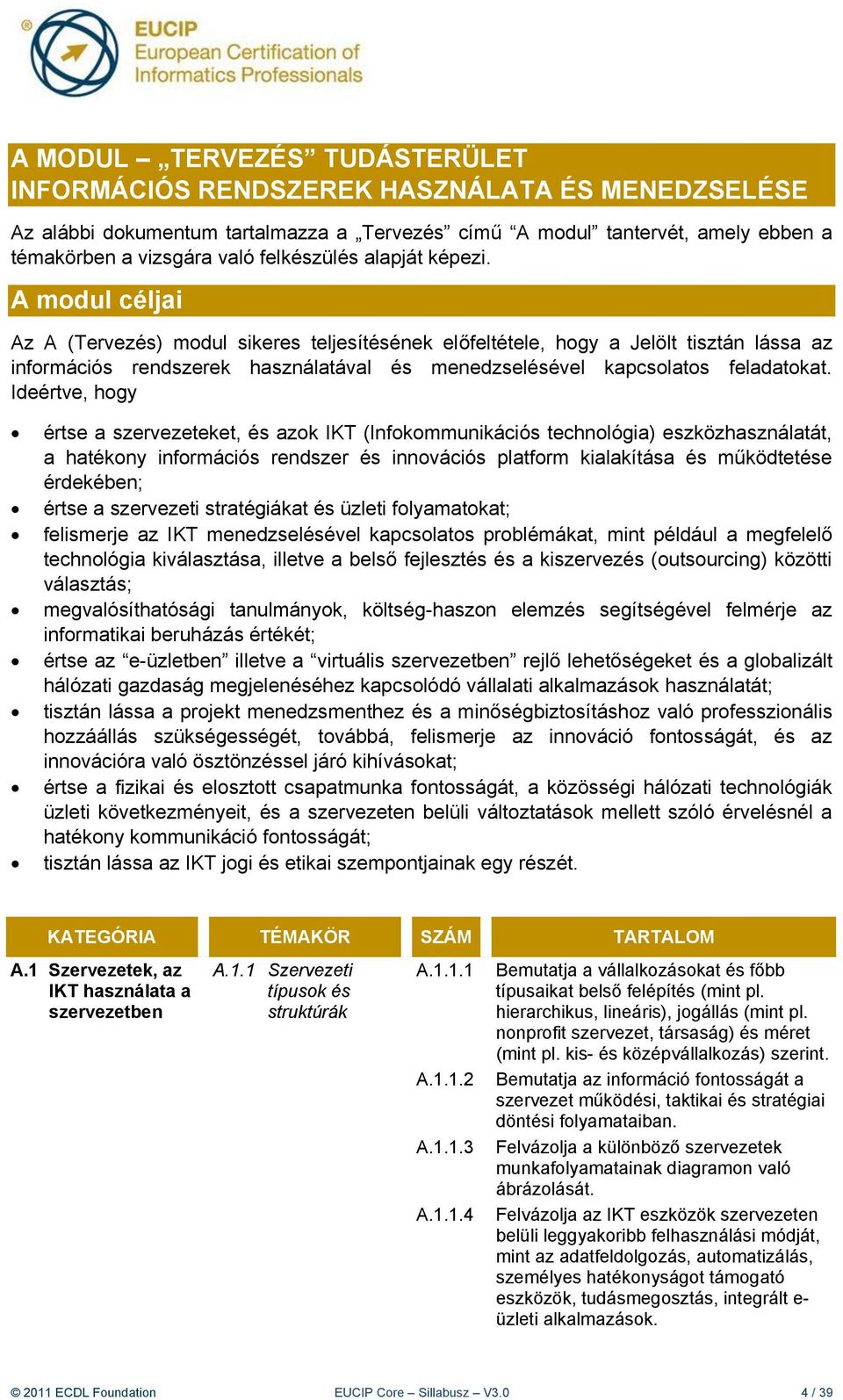 A modul céljai Az A (Tervezés) modul sikeres teljesítésének előfeltétele, hogy a Jelölt tisztán lássa az információs rendszerek használatával és menedzselésével kapcsolatos feladatokat.