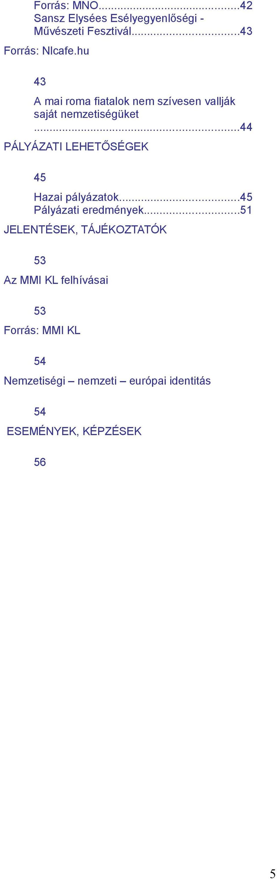 ..44 PÁLYÁZATI LEHETŐSÉGEK 45 Hazai pályázatok...45 Pályázati eredmények.