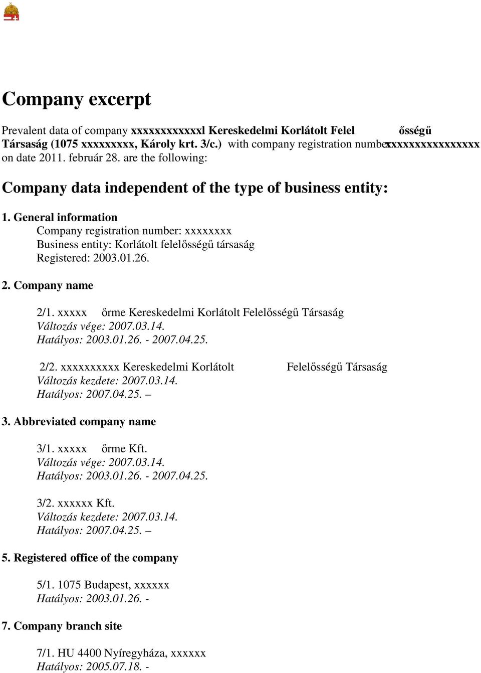 General information Company registration number: xxxxxxxx Business entity: Korlátolt felelısségő társaság Registered: 2003.01.26. 2. Company name 2/1.