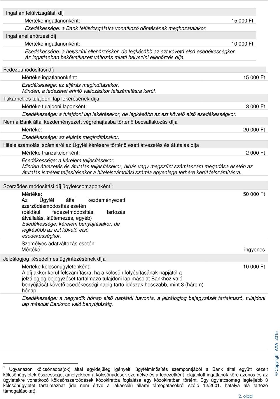 Az ingatlanban bekövetkezett változás miatti helyszíni ellenőrzés díja. Fedezetmódosítási díj Mértéke ingatlanonként: Esedékessége: az eljárás megindításakor.