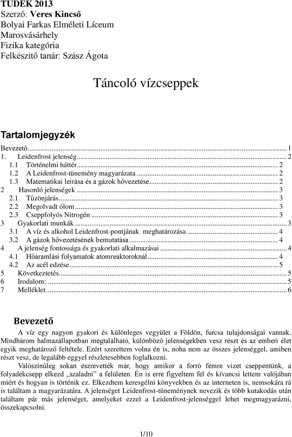 .. 3 3 Gyakorlati munkák... 3 3.1 A víz és alkohol Leidenfrost-pontjának meghatározása... 4 3.2 A gázok hővezetésének bemutatása... 4 4 A jelenség fontossága és gyakorlati alkalmazásai... 4 4.1 Hőáramlási folyamatok atomreaktoroknál.