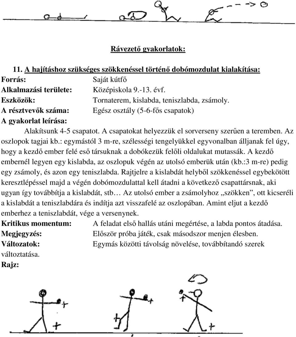 : egymástól 3 m-re, szélességi tengelyükkel egyvonalban álljanak fel úgy, hogy a kezdő ember felé eső ő társuknak a dobókezük felőli li oldalukat mutassák.