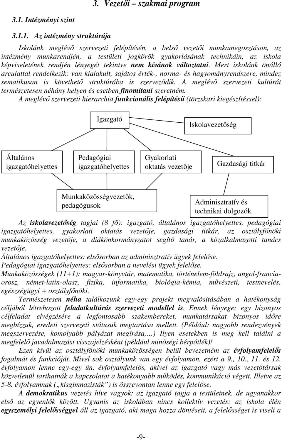 1. Az intézmény struktúrája Iskolánk meglévő szervezeti felépítésén, a belső vezetői munkamegosztáson, az intézmény munkarendjén, a testületi jogkörök gyakorlásának technikáin, az iskola