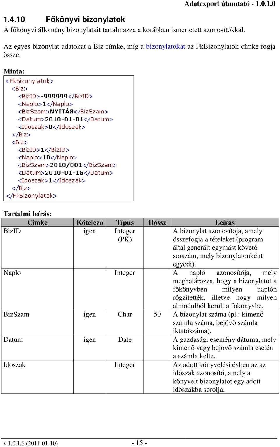 Minta: Tartalmi leírás: Címke Kötelező Típus Hossz Leírás BizID igen Integer (PK) A bizonylat azonosítója, amely összefogja a tételeket (program által generált egymást követő sorszám, mely