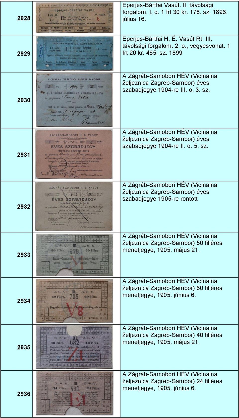 május 21. 2934 željeznica Zagreb-Sambor) 60 filléres menetjegye, 1905. június 6. 2935 željeznica Zagreb-Sambor) 40 filléres menetjegye, 1905. május 21.