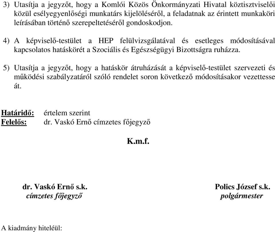 4) A képviselő-testület a HEP felülvizsgálatával és esetleges módosításával kapcsolatos hatáskörét a Szociális és Egészségügyi Bizottságra ruházza.