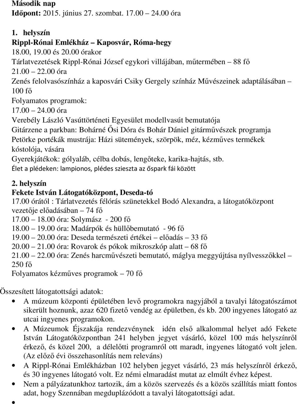 00 óra Zenés felolvasószínház a kaposvári Csiky Gergely színház Művészeinek adaptálásában 100 fő Folyamatos programok: 17.00 24.