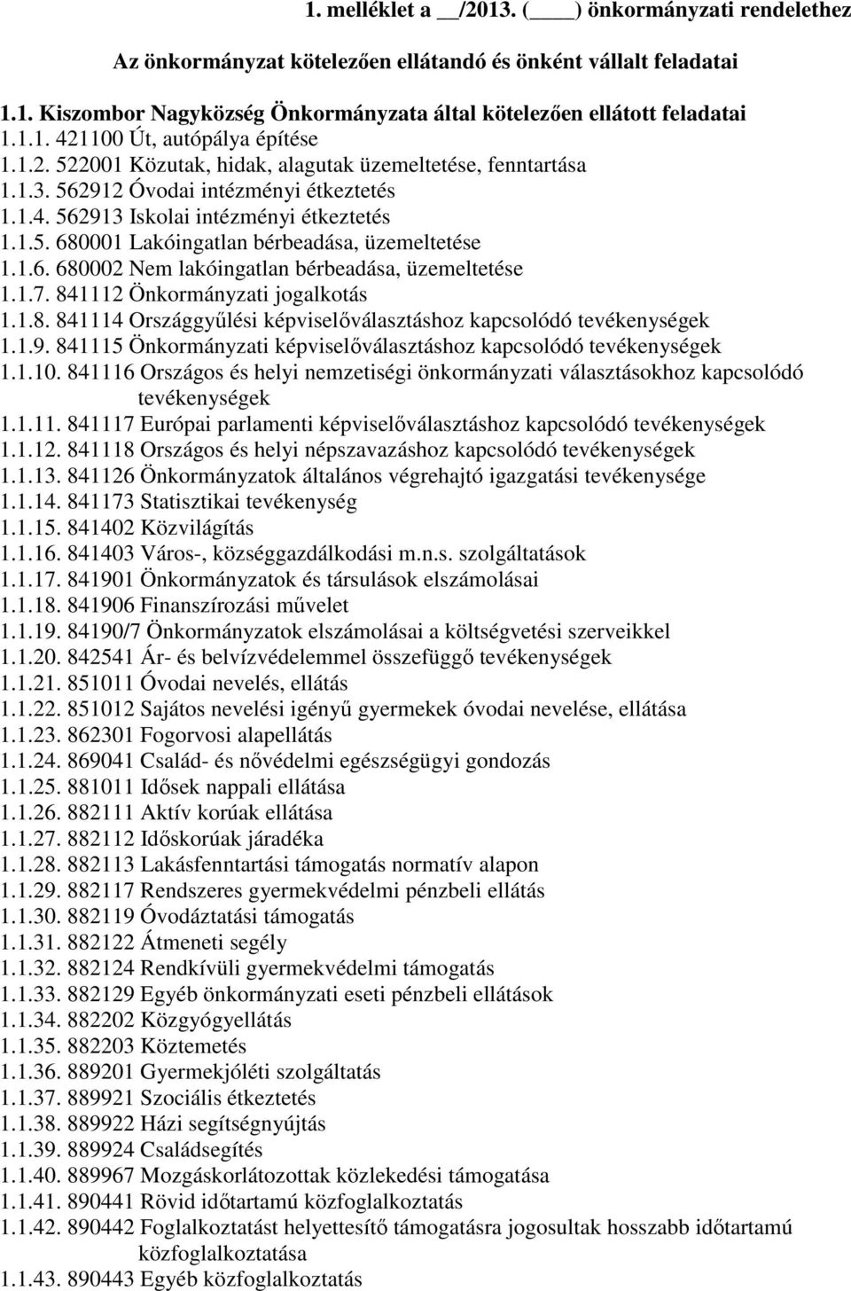 1.6. 680002 Nem lakóingatlan bérbeadása, üzemeltetése 1.1.7. 841112 Önkormányzati jogalkotás 1.1.8. 841114 Országgyűlési képviselőválasztáshoz kapcsolódó tevékenységek 1.1.9.