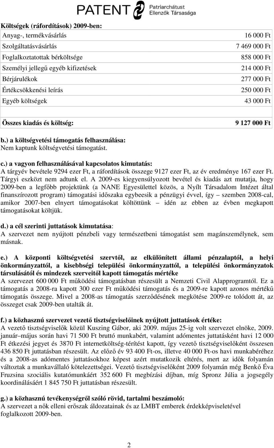 ) a vagyon felhasználásával kapcsolatos kimutatás: A tárgyév bevétele 9294 ezer Ft, a ráfordítások összege 9127 ezer Ft, az év eredménye 167 ezer Ft. Tárgyi eszközt nem adtunk el.