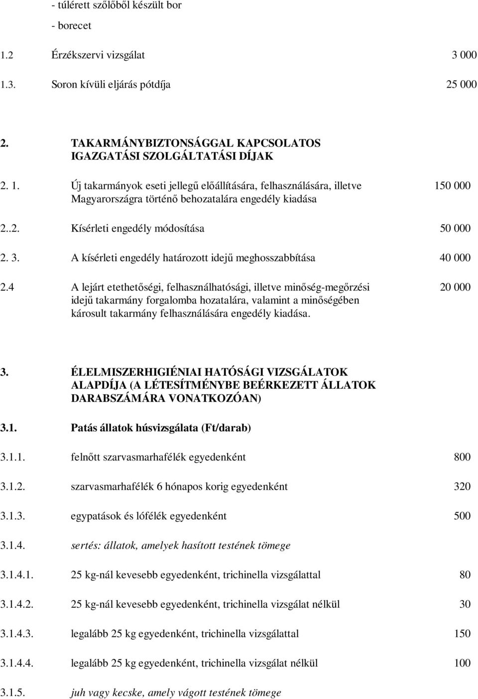 4 A lejárt etethetőségi, felhasználhatósági, illetve minőség-megőrzési idejű takarmány forgalomba hozatalára, valamint a minőségében károsult takarmány felhasználására engedély kiadása. 20 000 3.