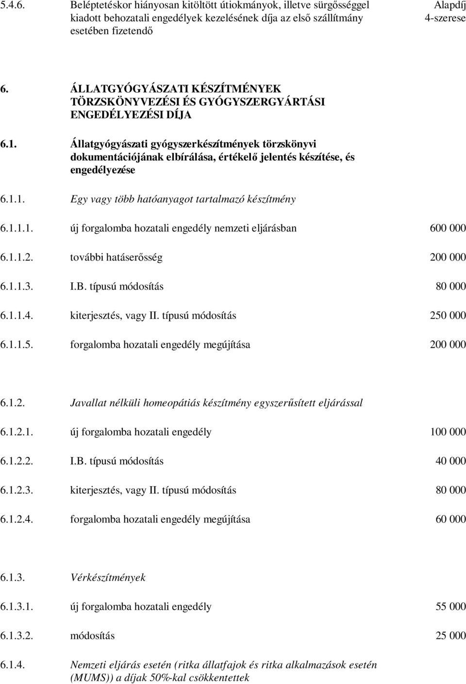 Állatgyógyászati gyógyszerkészítmények törzskönyvi dokumentációjának elbírálása, értékelő jelentés készítése, és engedélyezése 6.1.1. Egy vagy több hatóanyagot tartalmazó készítmény 6.1.1.1. új forgalomba hozatali engedély nemzeti eljárásban 600 000 6.