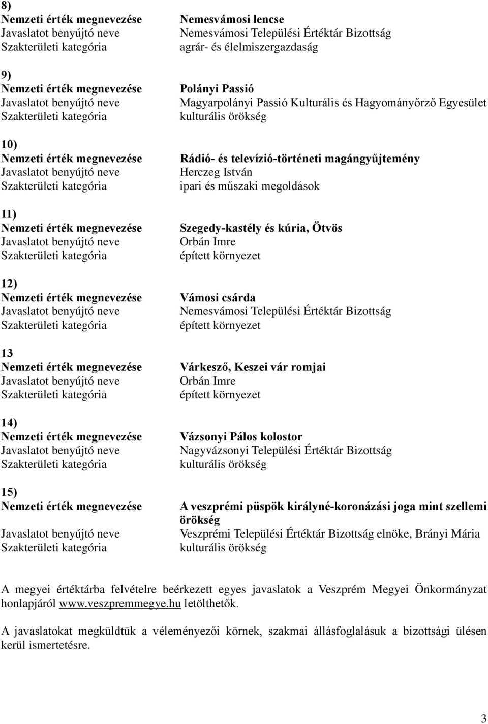 Települési Értéktár izottság épített környezet Várkesző, Keszei vár romjai Orbán Imre épített környezet Vázsonyi Pálos kolostor Nagyvázsonyi Települési Értéktár izottság kulturális örökség veszprémi