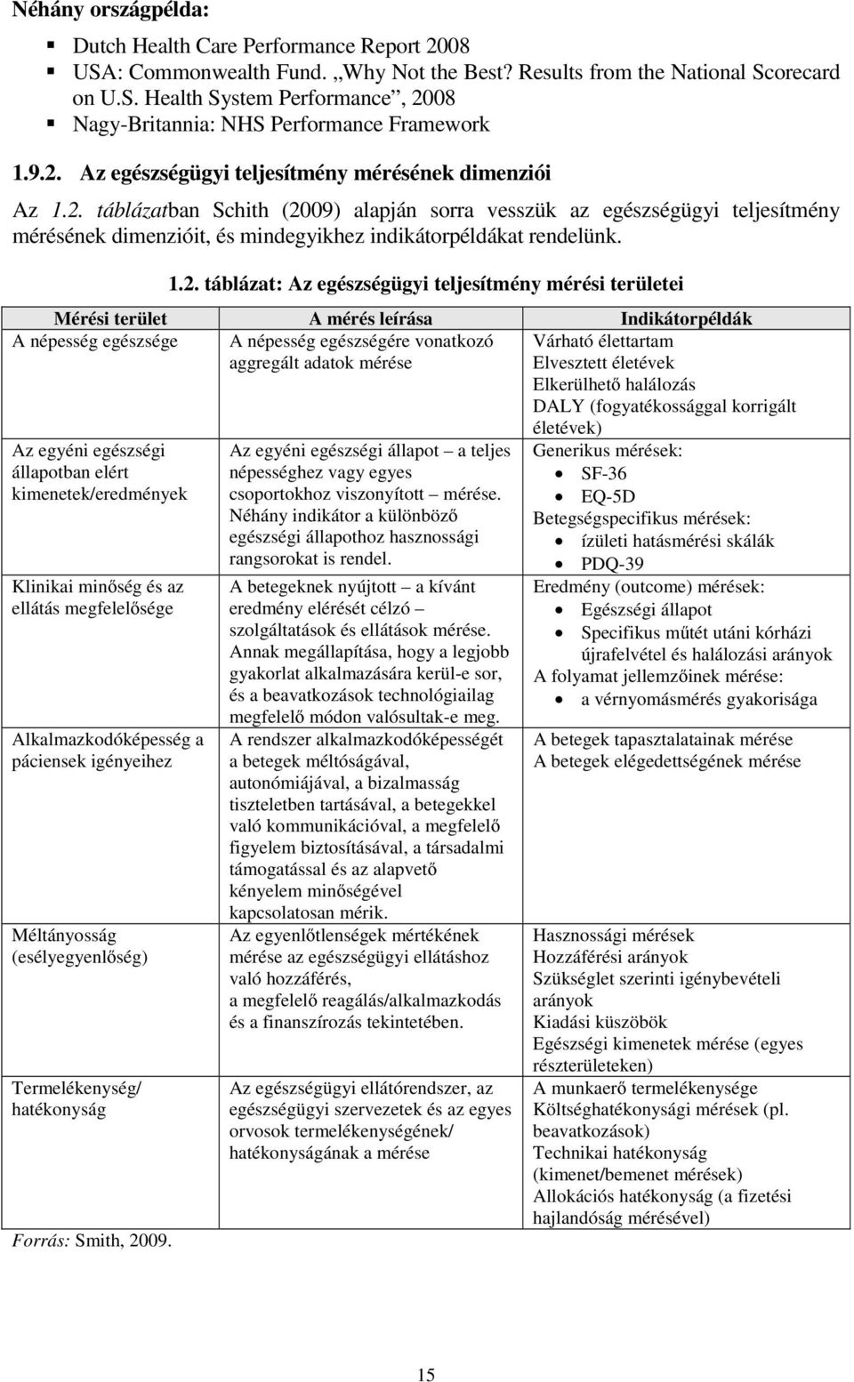 1.2. táblázat: Az egészségügyi teljesítmény mérési területei Mérési terület A mérés leírása Indikátorpéldák A népesség egészsége A népesség egészségére vonatkozó aggregált adatok mérése Várható