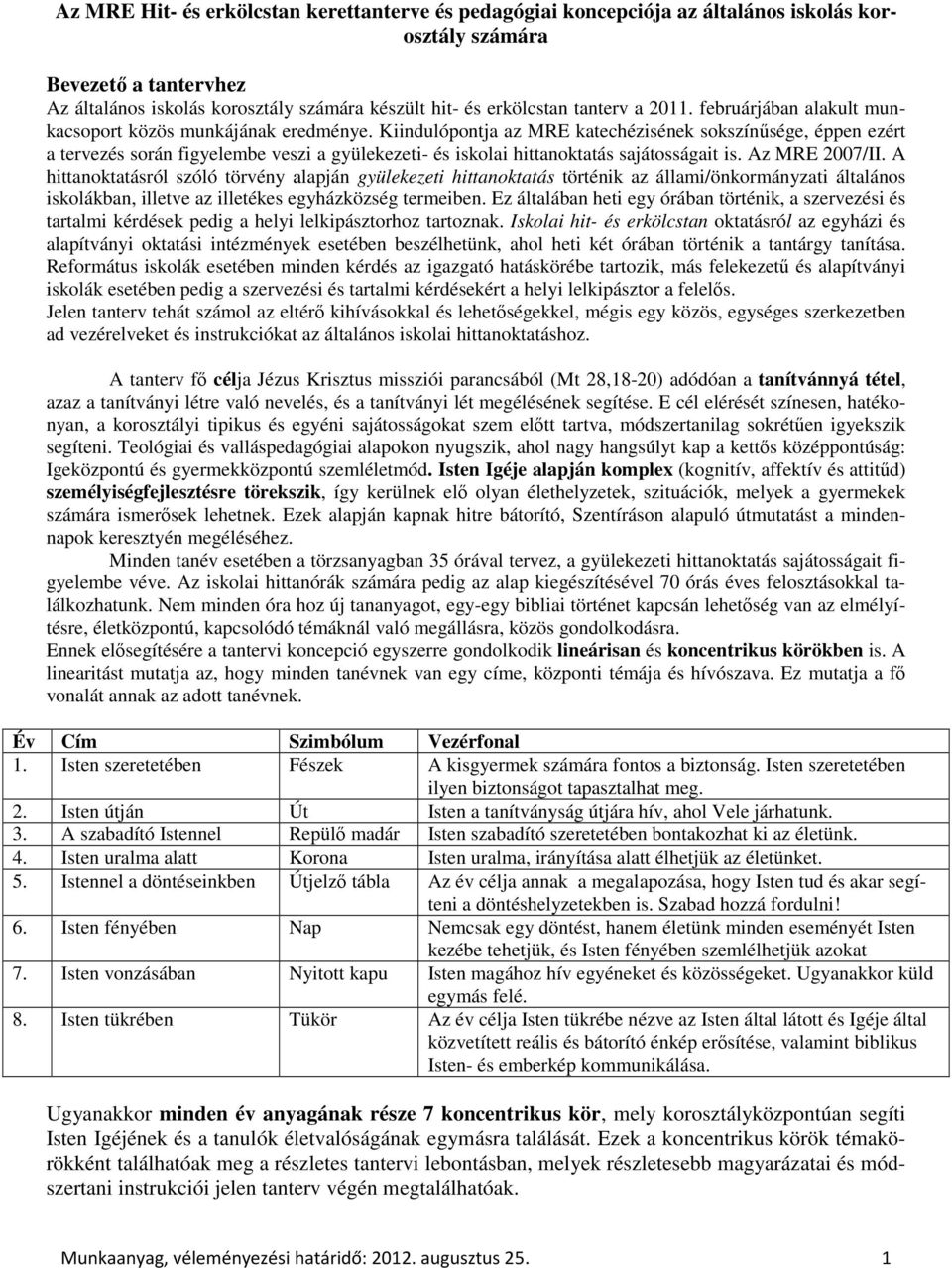 Kiindulópontja az MRE katechézisének sokszínűsége, éppen ezért a tervezés során figyelembe veszi a gyülekezeti- és iskolai hittanoktatás sajátosságait is. Az MRE 2007/II.