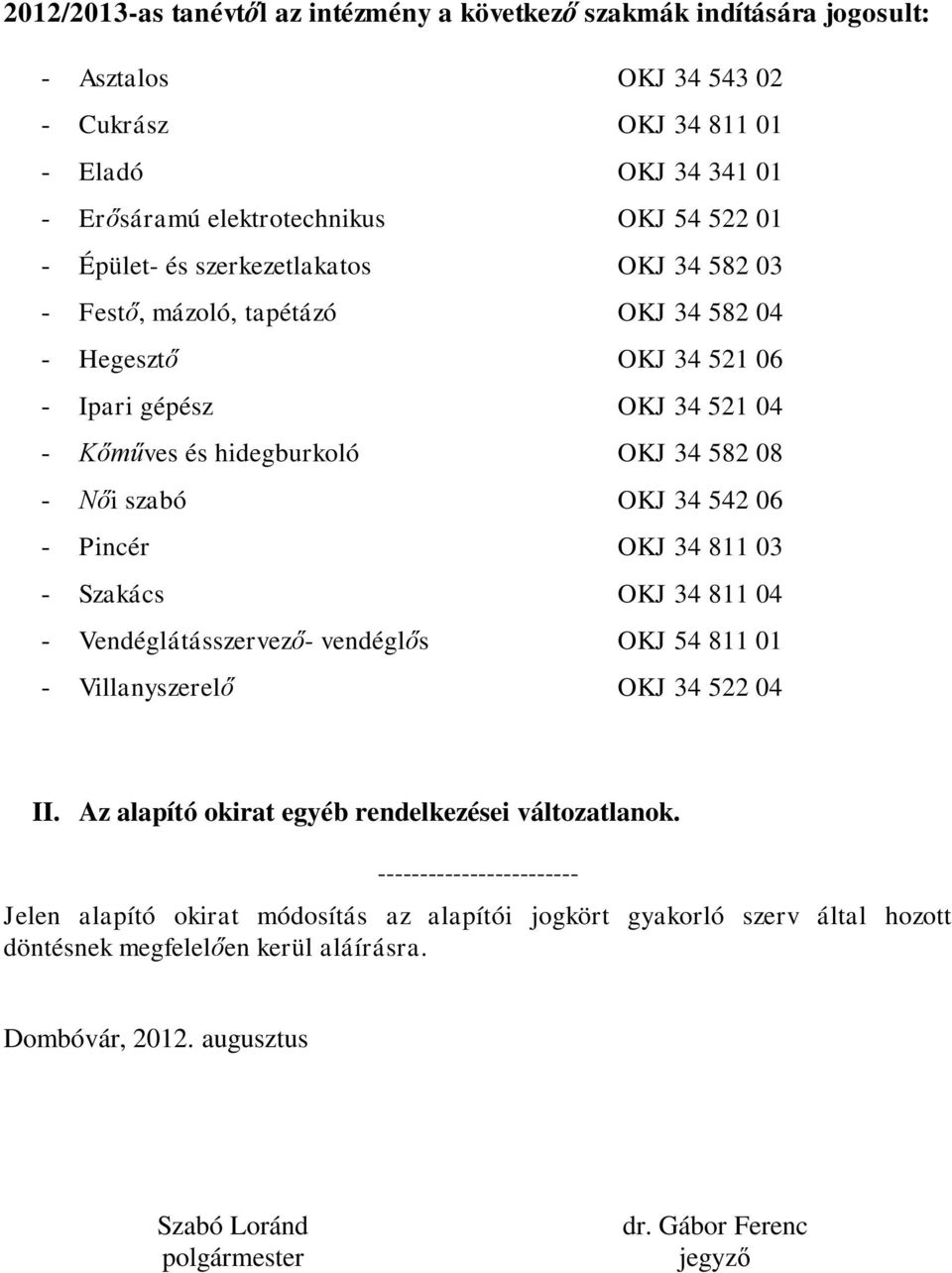 06 - Pincér OKJ 34 811 03 - Szakács OKJ 34 811 04 - Vendéglátásszervező- vendéglős OKJ 54 811 01 - Villanyszerelő OKJ 34 522 04 II. Az alapító okirat egyéb rendelkezései változatlanok.