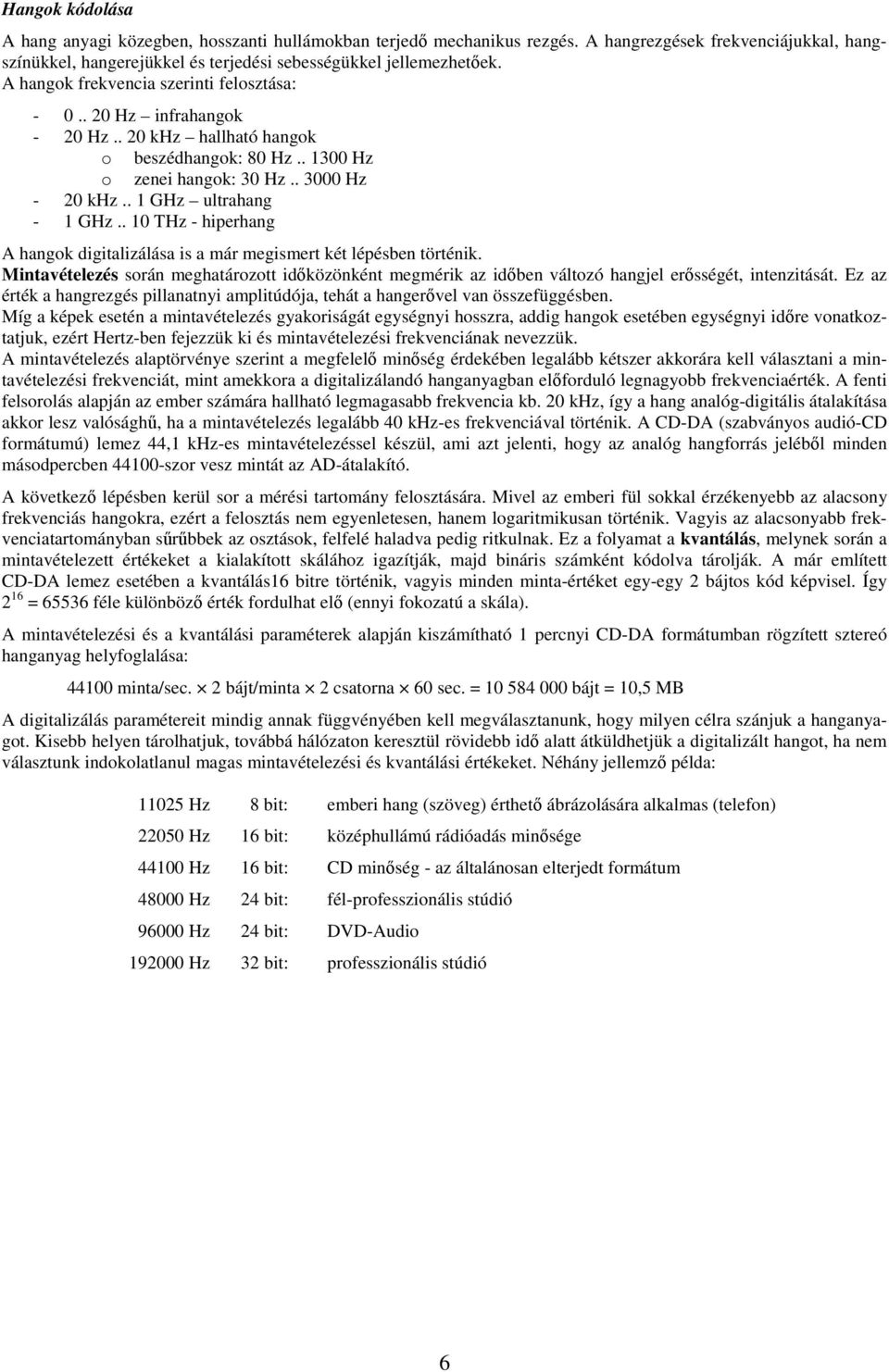 . 10 THz - hiperhang A hangok digitalizálása is a már megismert két lépésben történik. Mintavételezés során meghatározott időközönként megmérik az időben változó hangjel erősségét, intenzitását.