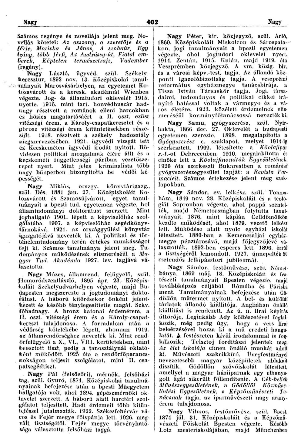 Nagy László, ügyvéd, szül. Székely- 4teresztur, 1892 nov. 13. Középiskolai tanultnányait Marosvásárhelyen, az egyetemet Kolozsvárott és a keresk. akadémiát Wienben végezte.