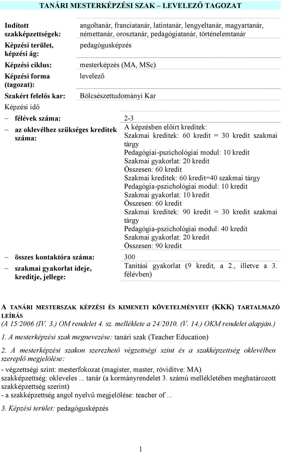 ek : összes kontaktóra : 300 szakmai gyakorlat ideje, je, jellege: A képzésben előírt ek: Szakmai ek: 60 = 30 szakmai tárgy Pedagógiai-pszichológiai modul: 10 Szakmai gyakorlat: 20 Összesen: 60