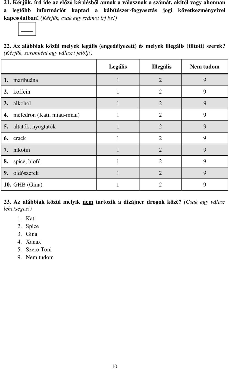 (Kérjük, soronként egy választ jelölj!) Legális Illegális Nem tudom 1. marihuána 2. koffein 3. alkohol 4. mefedron (Kati, miau-miau) 5. altatók, nyugtatók 6. crack 7.