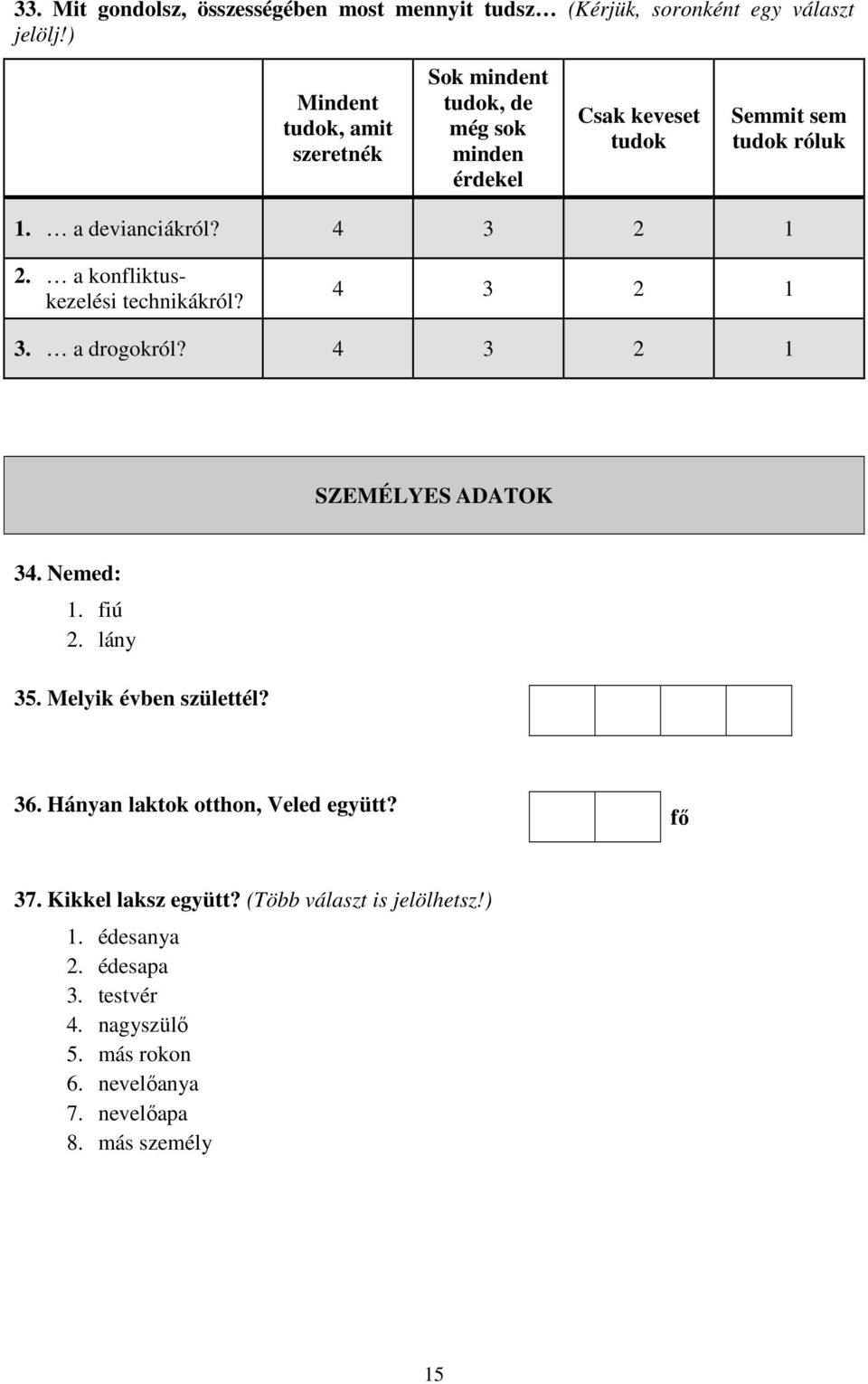 2. a konfliktuskezelési technikákról? 3. a drogokról? SZEMÉLYES ADATOK 34. Nemed: 1. fiú 2. lány 35. Melyik évben születtél? 36.